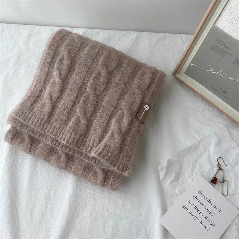 Pure Color Twist Knit Wool Blends Scarf Autumn Winter Lady Men Neckerchief Lovers Student Soft Warm Pashmina Shawl Muffler