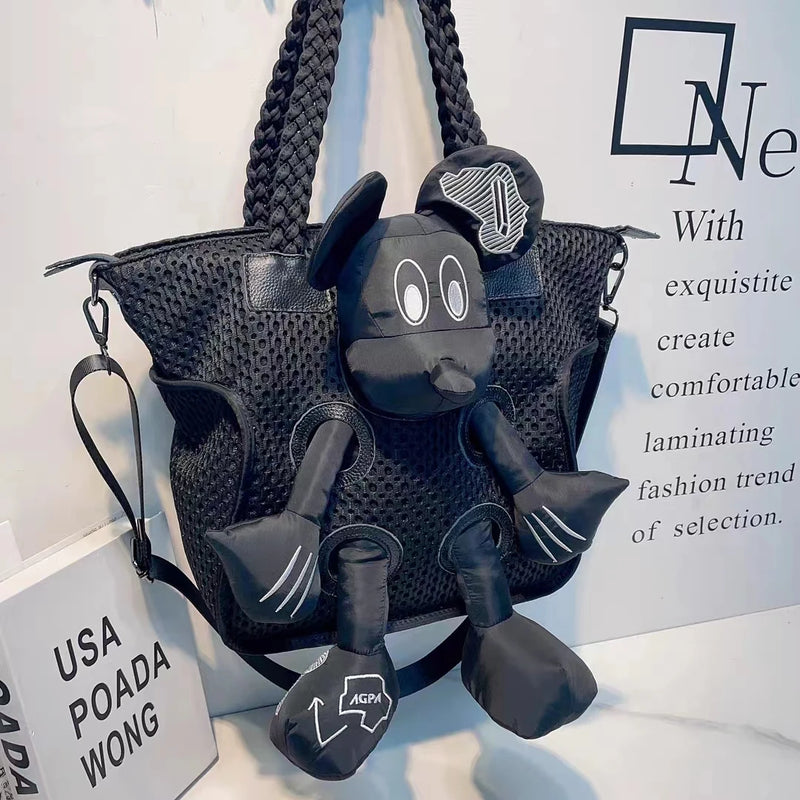 Women's shoulder casual large handbag mesh fabric cowhide large capacity commuting bag crossbody large doll bag For Women ladies