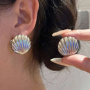 Fashion Striped Small Earrings For Women Cute Ocean Shell Double Shell Texture Stud Earrings Beach Boho Jewelry