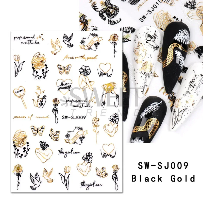 3D Snake Laser Stickers for Manicure Black Gold Abstract Leaves Luxury Nail Art Adhesive Slider Polish Decor Decals SASW-SJ
