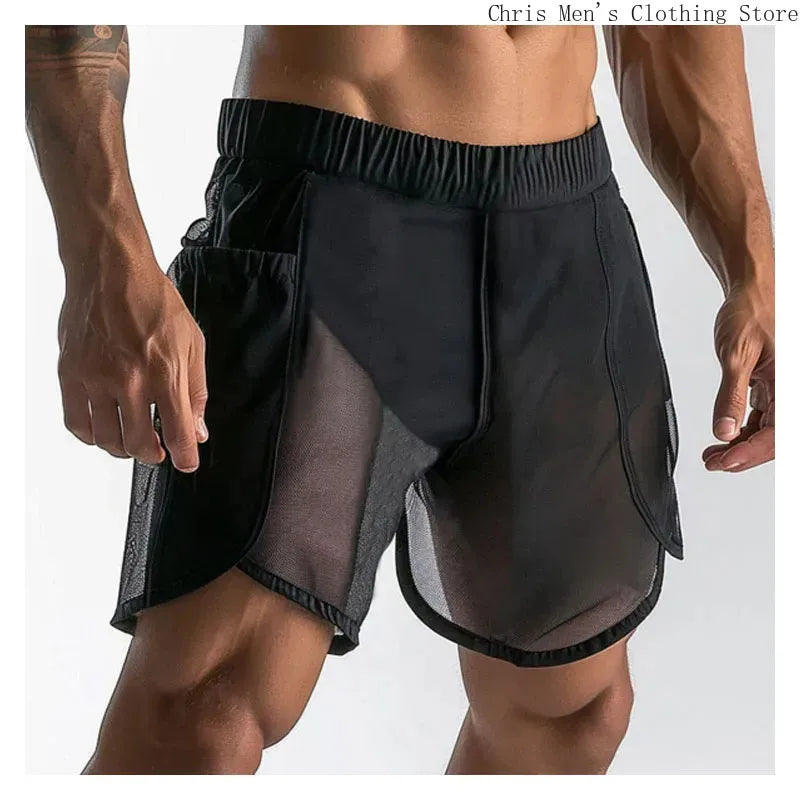 Mesh See-through Men's Shorts Casual Sports Men's Shorts Male Fitness Sexy See-through Shorts Black Sportswear Men's Trousers
