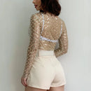 تي شيرت صيفي كاجوال للسيدات بأكمام طويلة مزين بالترتر وشبكة مثيرة مطرزة بالخرز، جديد 2024