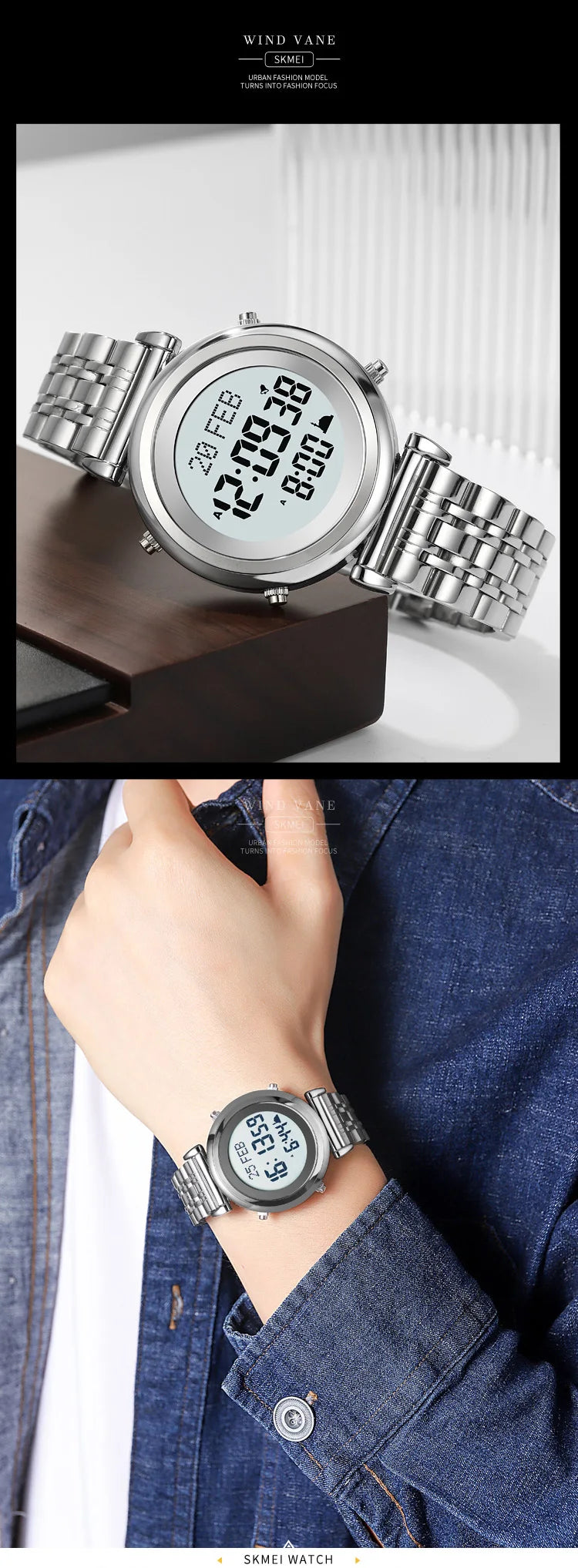 SKMEI 2139 Steel Muslim Azan Digital Watch Mens Back Light Waterproof  Wristwatch Prayer Qibla Compass Alarm Clock watch 1861