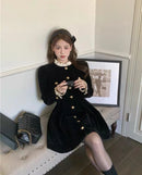 Korean Black Velvet Dresses for Women Single Breasted Long Sleeve Evening Party Dress Autumn Y2K Fashion A-line Vestido Mujer