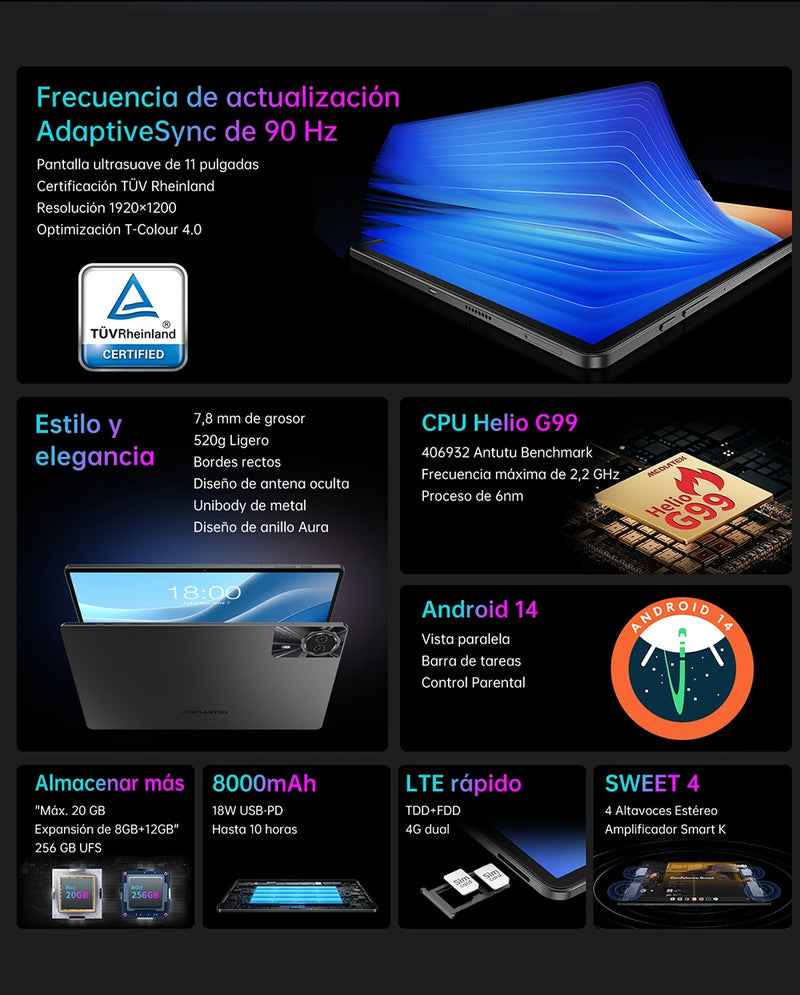 Teclast T50Max Android 14 Tablet 11 90Hz Refresh Rate Max 20GB RAM 256GB ROM Helio G99 CPU 8000mAh 18W Fast Charging 4G LTE GPS