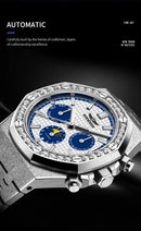 HAEMMER high-end design multifunctional men's watch stainless steel silver diamond face fashionable men's watch waterproof 30ATM