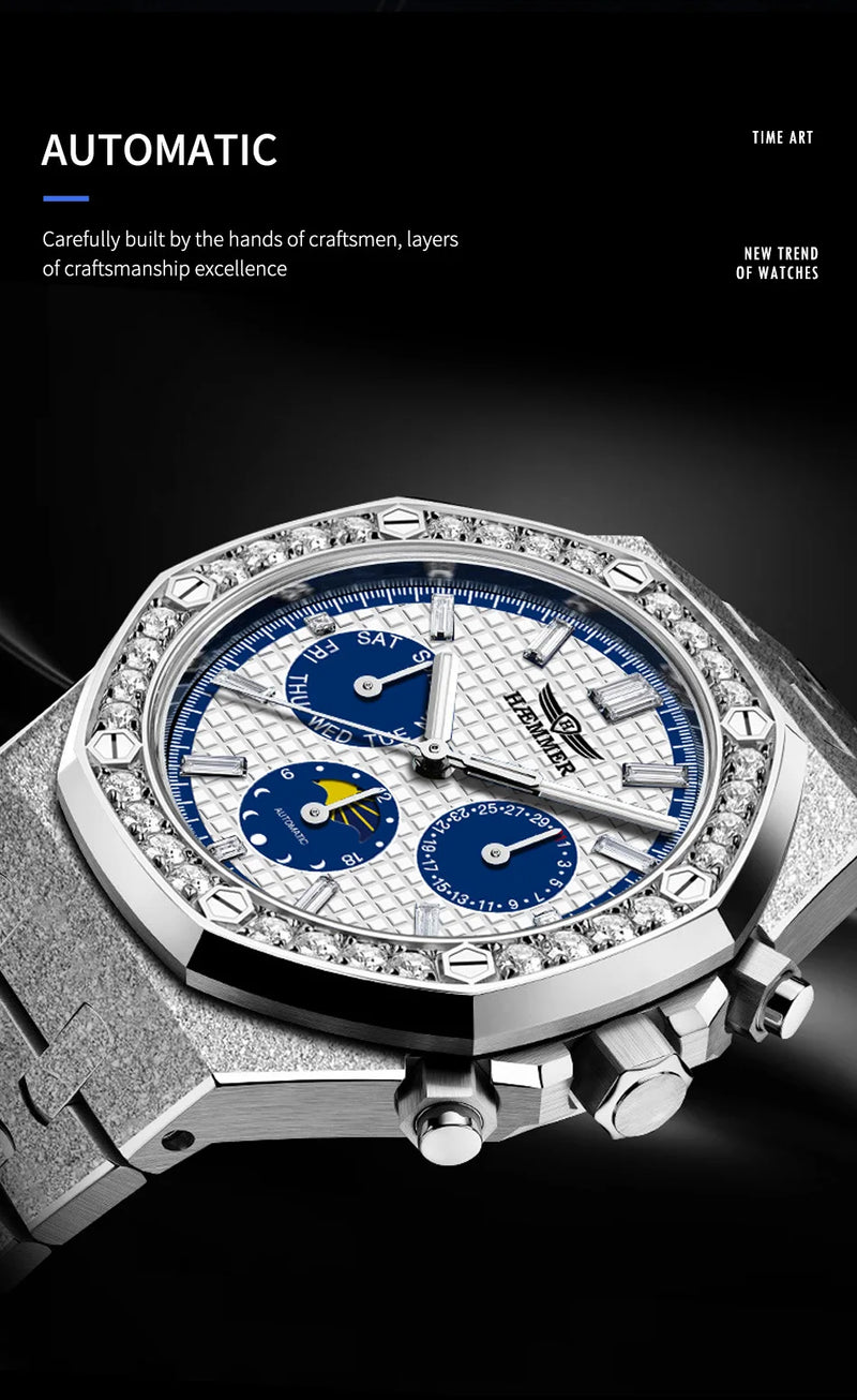 HAEMMER high-end design multifunctional men's watch stainless steel silver diamond face fashionable men's watch waterproof 30ATM