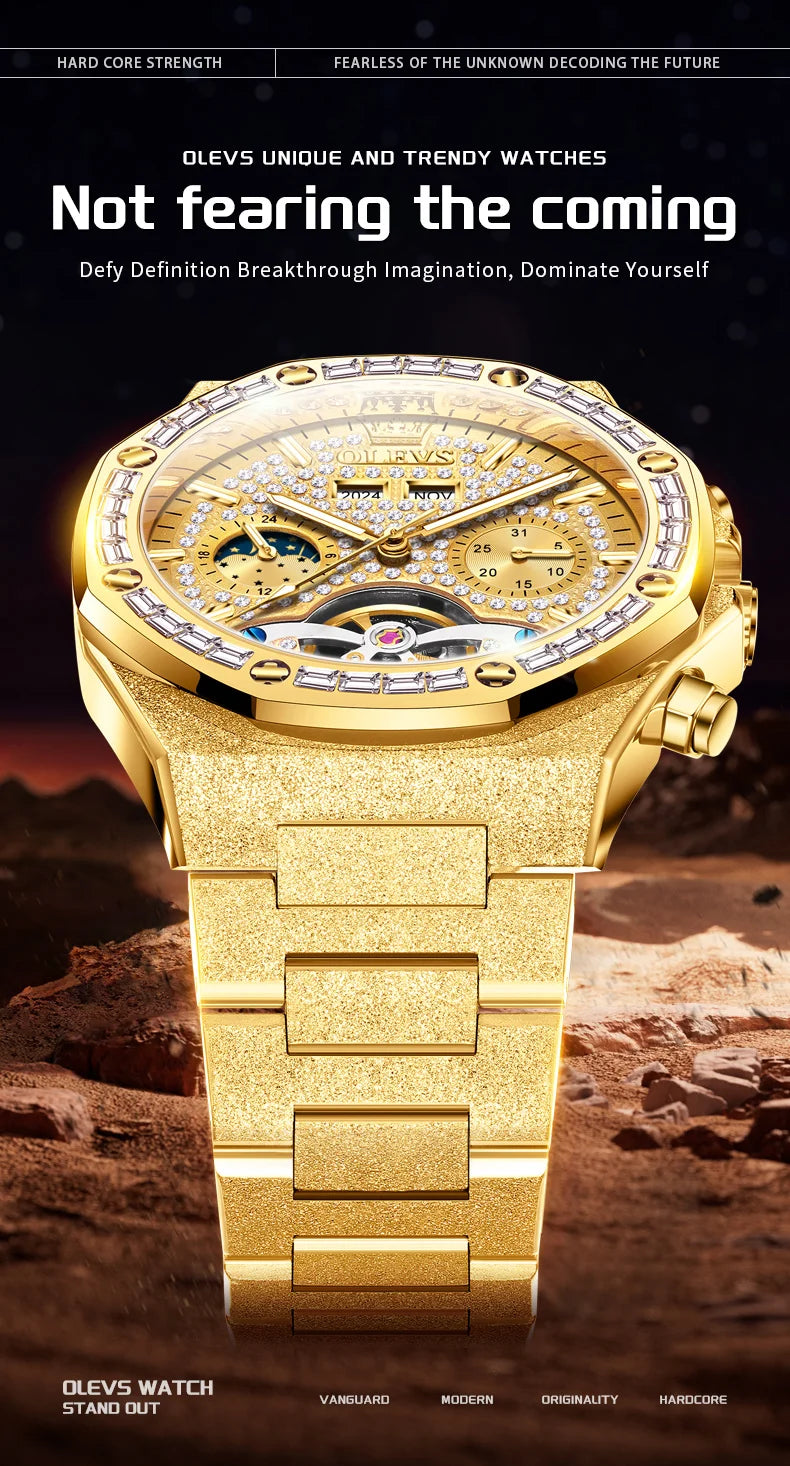 OLEVS 9805 High end Men Watches  Waterproof Moon Phase Diamond Dial Fashion Luxury Mechanical Watch Skeleton Original Wristwatch