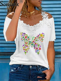 Summer Sexy Lace Short Sleeve Off Shoulder V-Neck Women T-Shirts Ladies Floral Print Street Tops Female Casual Loose T-Shirt