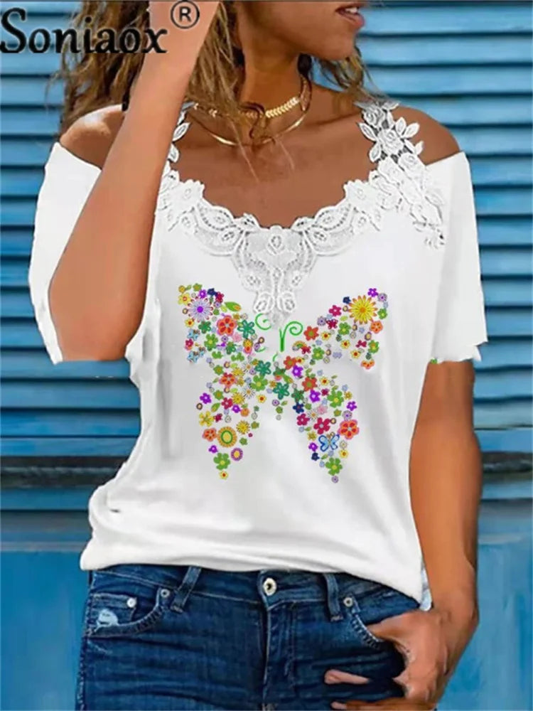 Summer Sexy Lace Short Sleeve Off Shoulder V-Neck Women T-Shirts Ladies Floral Print Street Tops Female Casual Loose T-Shirt