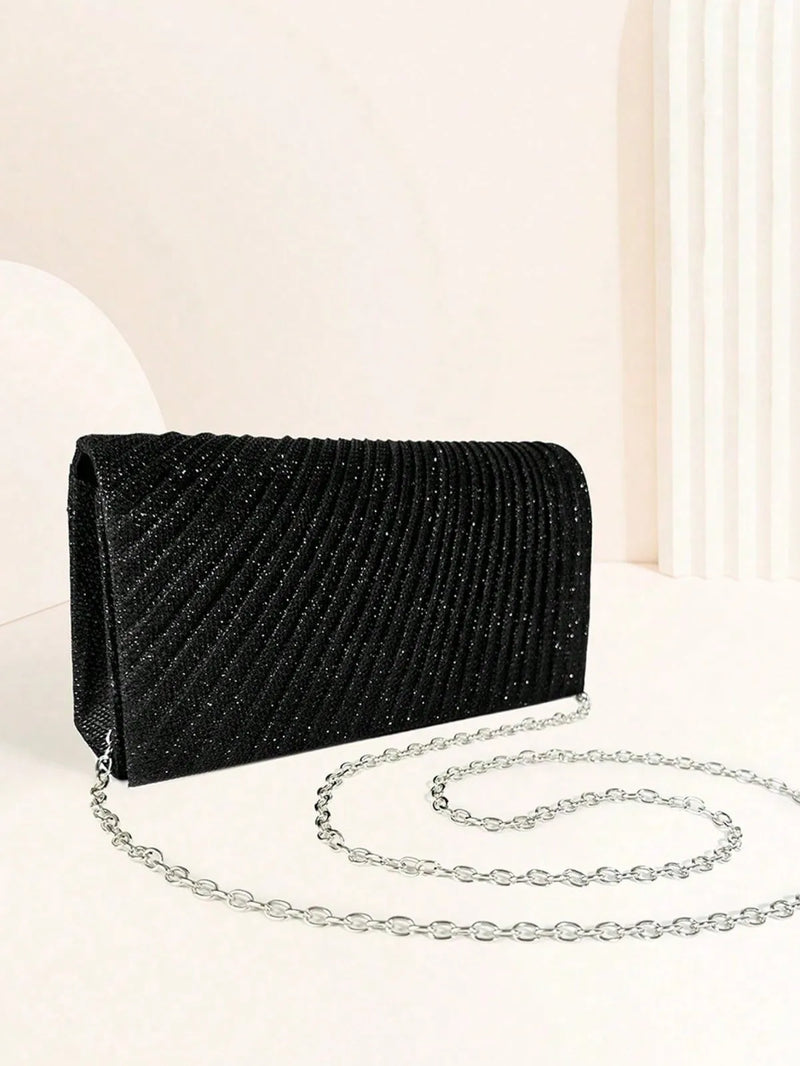 Women Fold Glitter Handbag Shiny Envelope Evening Bag Ladies Pleated Silver Clutch Chain Wedding Party Mini Long Purse XA12ZD