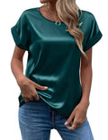 Spring and Summer New Women's Short Sleeve Satin Shirt Loose Casual Round Neck Colored Ding T-shirt Women