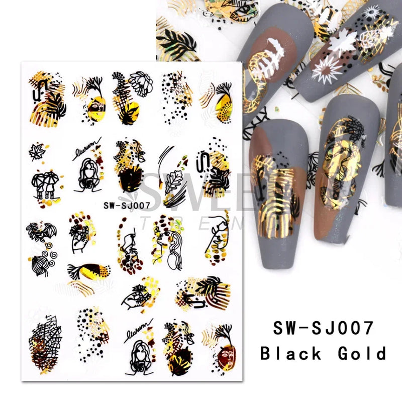 3D Snake Laser Stickers for Manicure Black Gold Abstract Leaves Luxury Nail Art Adhesive Slider Polish Decor Decals SASW-SJ