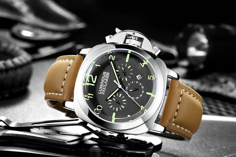 Automatic Watches for Men Mechanical Movement Genuine Brown Leather Multifunction Yellow Green Rose Gold Reloj Hombre Baratos