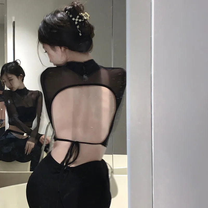 Women Backless Sexy Slim Long Sleeve T Shirt Expose Navel Solid Color Half Turtleneck Tops