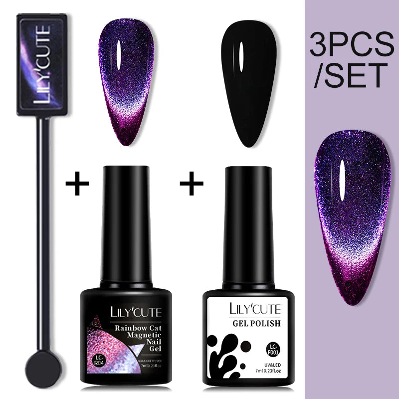 LILYCUTE 7ML 9D Cat Magnetic Gel Polish Set Semi Permanent Soak Off UV LED Glitter Nails Magnet Stick Black Gel Needed