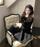 Korean Black Velvet Dresses for Women Single Breasted Long Sleeve Evening Party Dress Autumn Y2K Fashion A-line Vestido Mujer