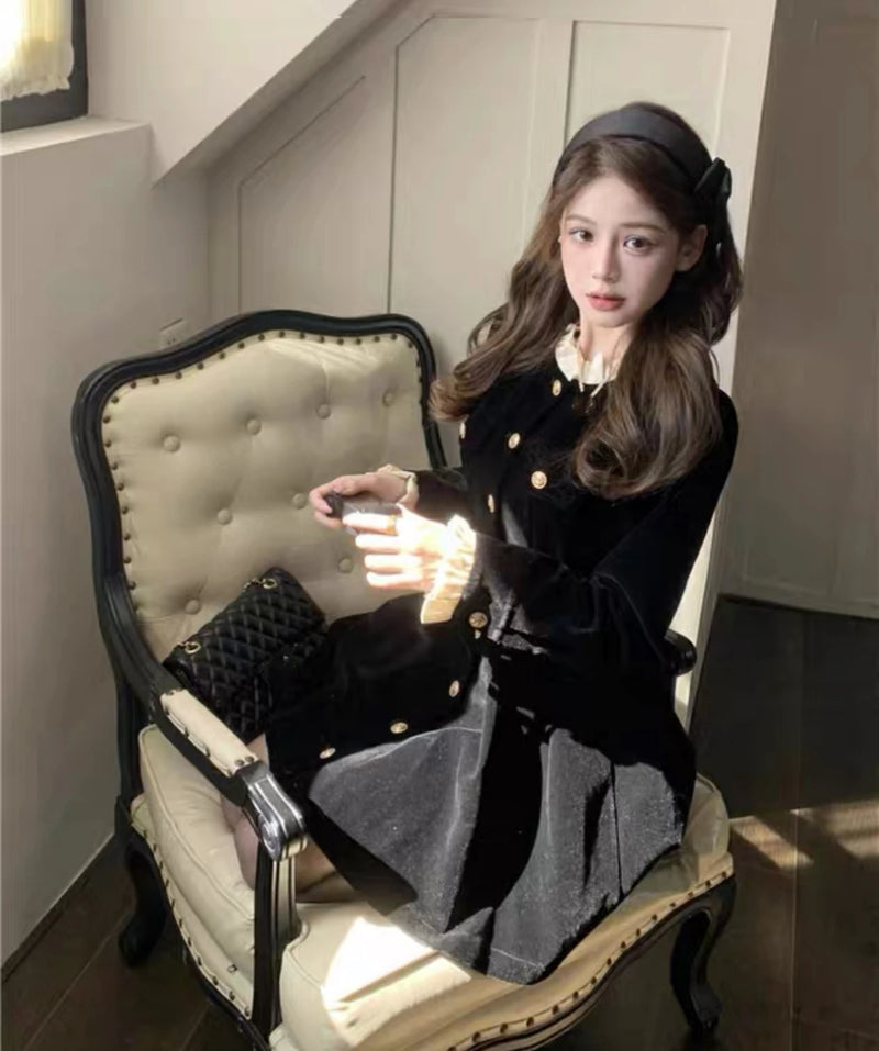 Korean Black Velvet Dresses for Women Single Breasted Long Sleeve Evening Party Dress Autumn Y2K Fashion A-line Vestido Mujer
