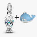 2Pcs/Lot Crystal Blue Scaled Fish Bead With Pendant Fit DIY Brand Charm Bracelet  For Women's Summer Jewelry To Making Gift