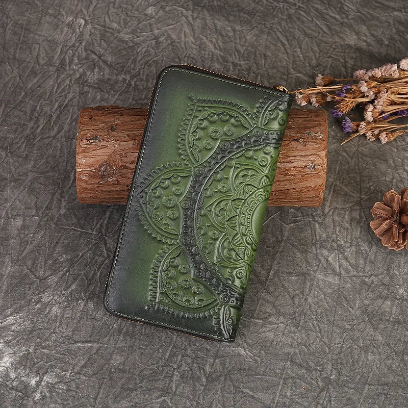 MOTAORA Retro Girl's Wallet Long Hand Bag Women's Leather Handmade Embossed Floral Phone Purse Chinses Style Ladies Card Holder