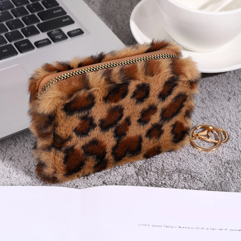 Leopard Print Short Wallet Trend Plush Multi Slot Credit Card Bag Multifunctional Portable Wallet For Outdoor Use