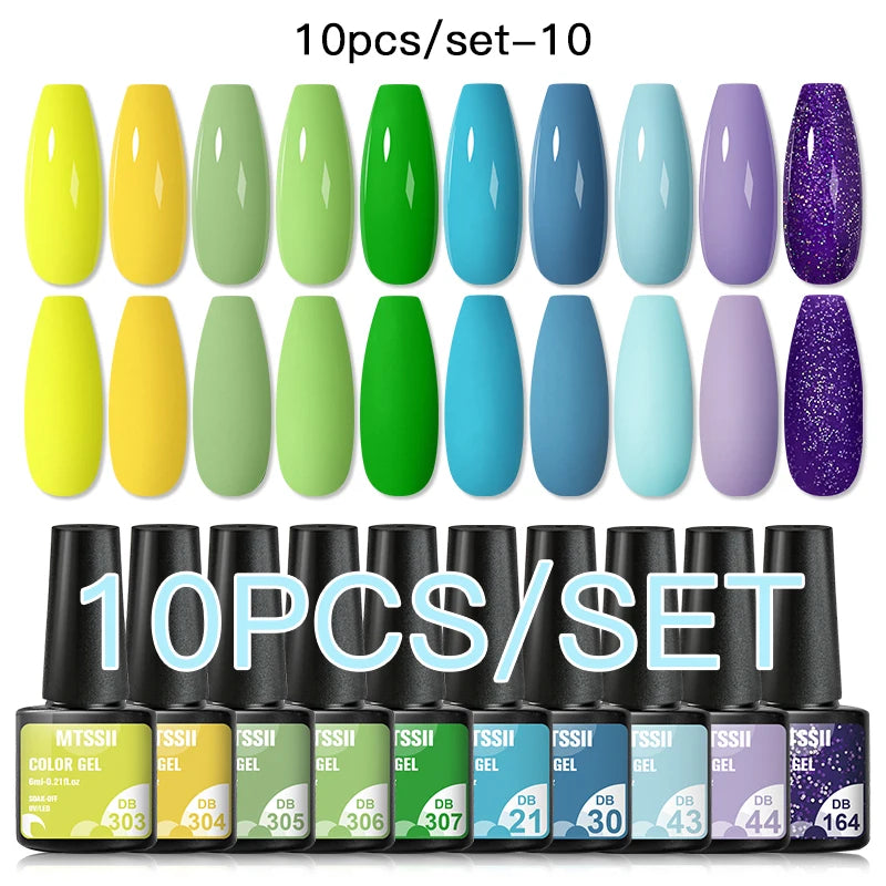 Mtssii 10PCS Reflective Gel Nail Polish Set Fluorescent Glitter Semi Permanent Hybrid Gel Varnish Soak Off UV Lamp For Manicure