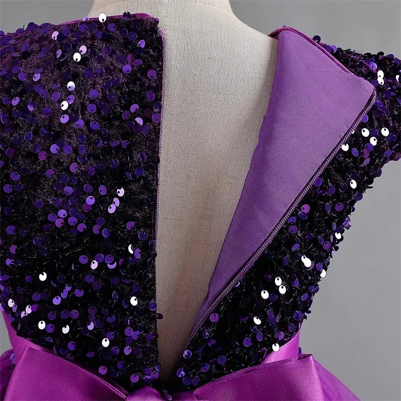 Puffy Girls Party Dress Elegant Kids Wedding Gala Prom Gown Sequin Bow Children Birthday Princess Dress For Girl Clothes 5-14Yrs