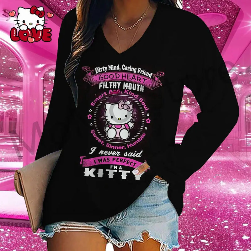 Hello Kitty Women's Long Sleeve T-shirts V Neck Kawaii Clothes 2024 3D Print New Lovely S-3XL Y2k Fashion High Quality Leisure