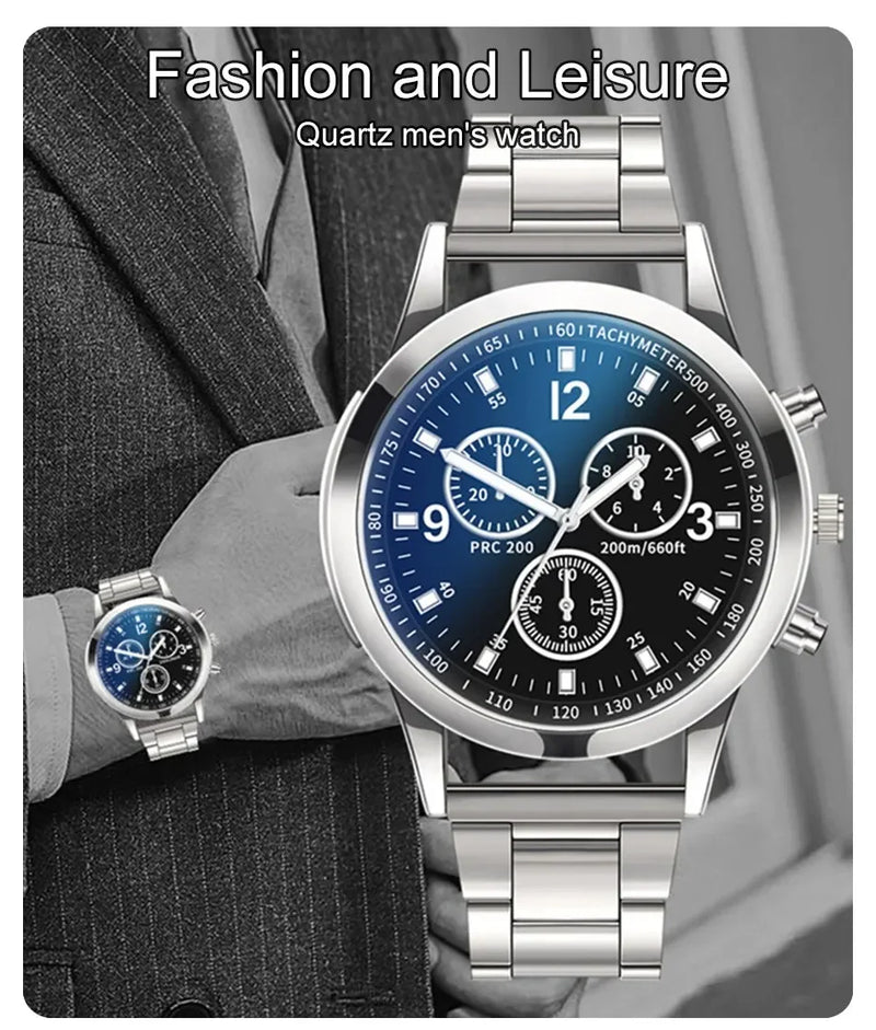 Fashion Mens Bracelet Watches Set Luxury Men Sports Silver Stainless Steel Quartz Watch Man Business Casual Wrist Watch