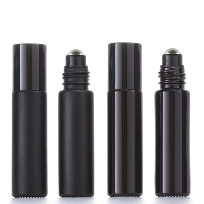 1X 10X 5ML 10ML Glass Black Roll On Bottle Essential Oil Natural Obsidian Ball Roller for Perfume Aromatherapy Refillable Bamboo