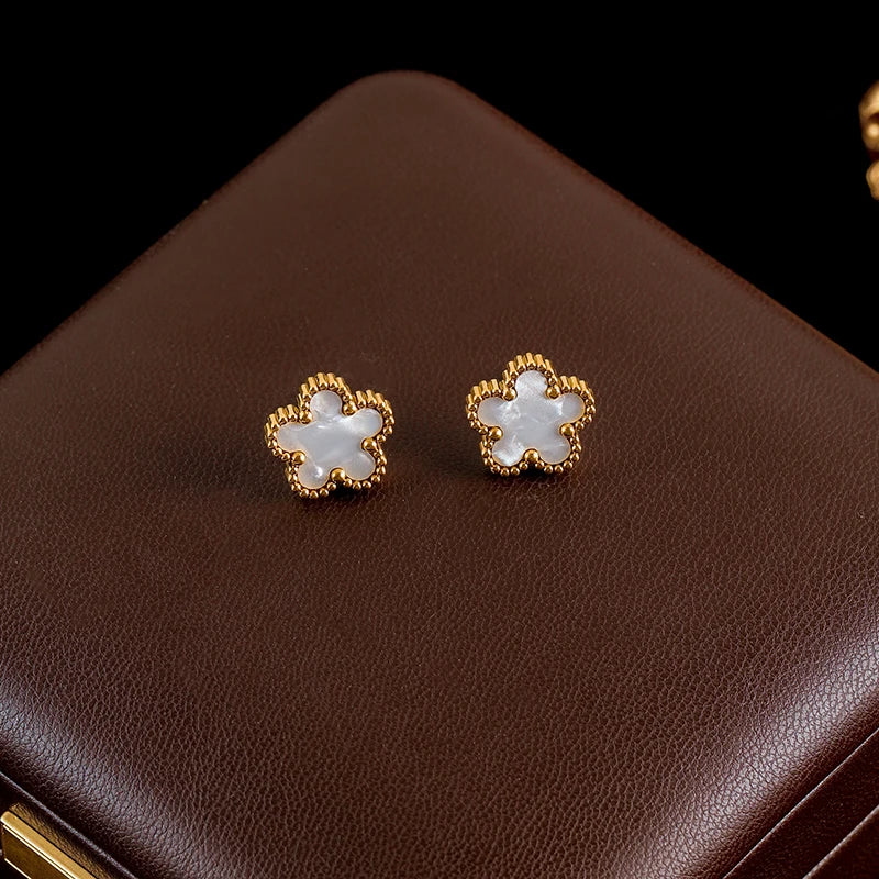 GANEMLY 316L Stainless Steel Red Plum Blossom Plant Leaf Flower Set Reversible Necklace Earrings Bracelet Women Clover Jewelry