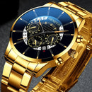 Luxury Hollow Out Men's Watches Fashion Business Calendar Blue Stainless Steel Mesh Belt Analog Quartz Watch Relogio Masculino