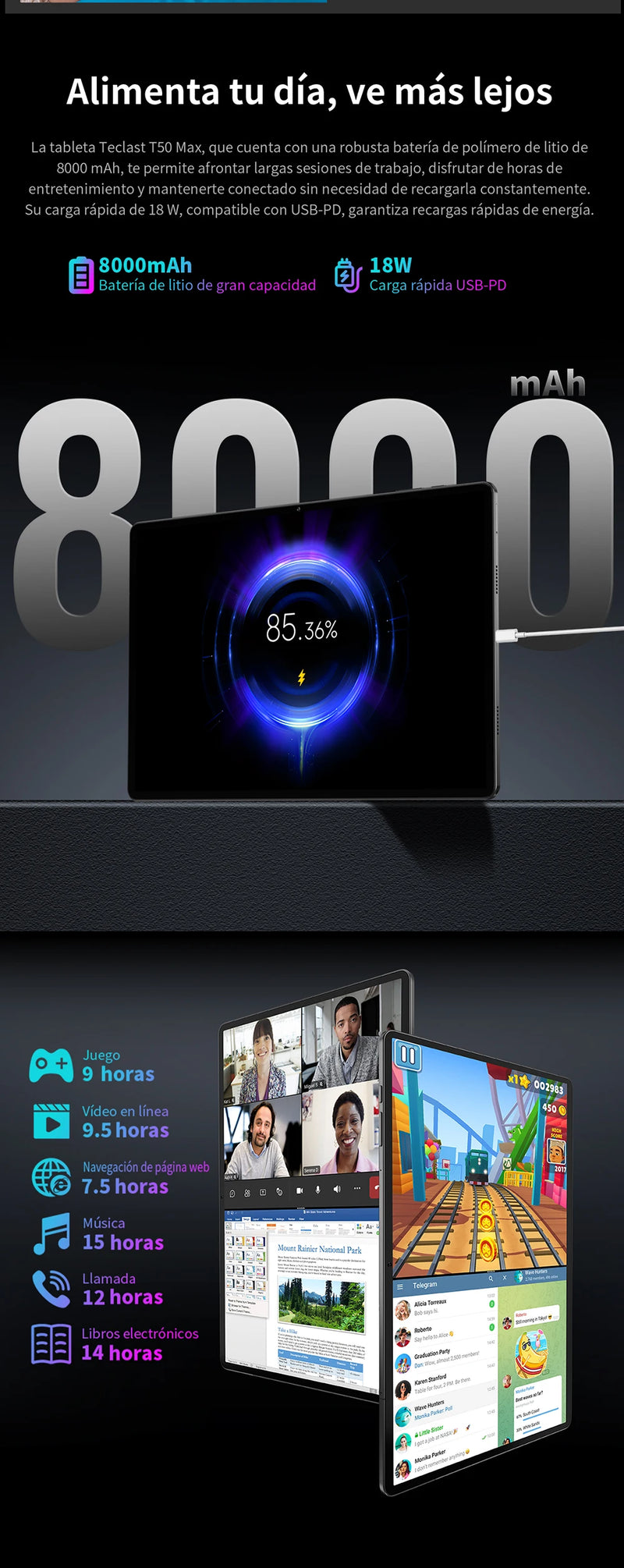 Teclast T50Max Android 14 Tablet 11 90Hz Refresh Rate Max 20GB RAM 256GB ROM Helio G99 CPU 8000mAh 18W Fast Charging 4G LTE GPS