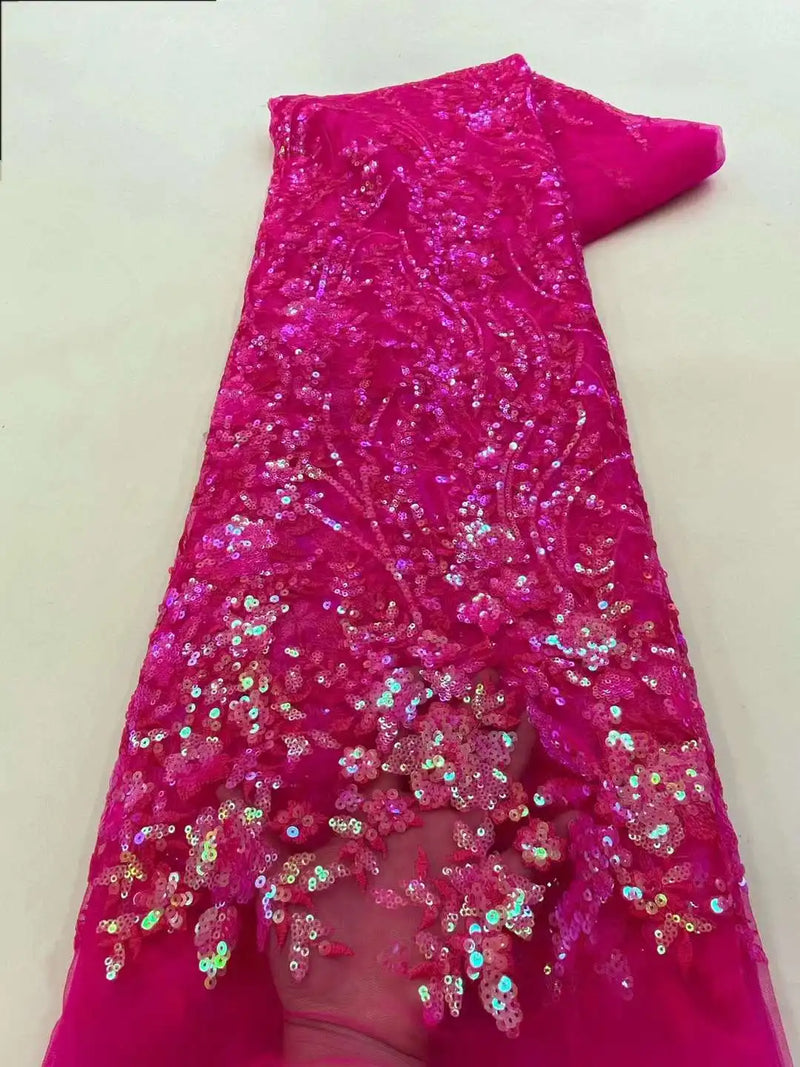 Latest African Sequins Lace Fabric 2024 High Quality Lace Embroidery Beaded Mesh Fabric 5 Yards For Women Wedding Party Dress