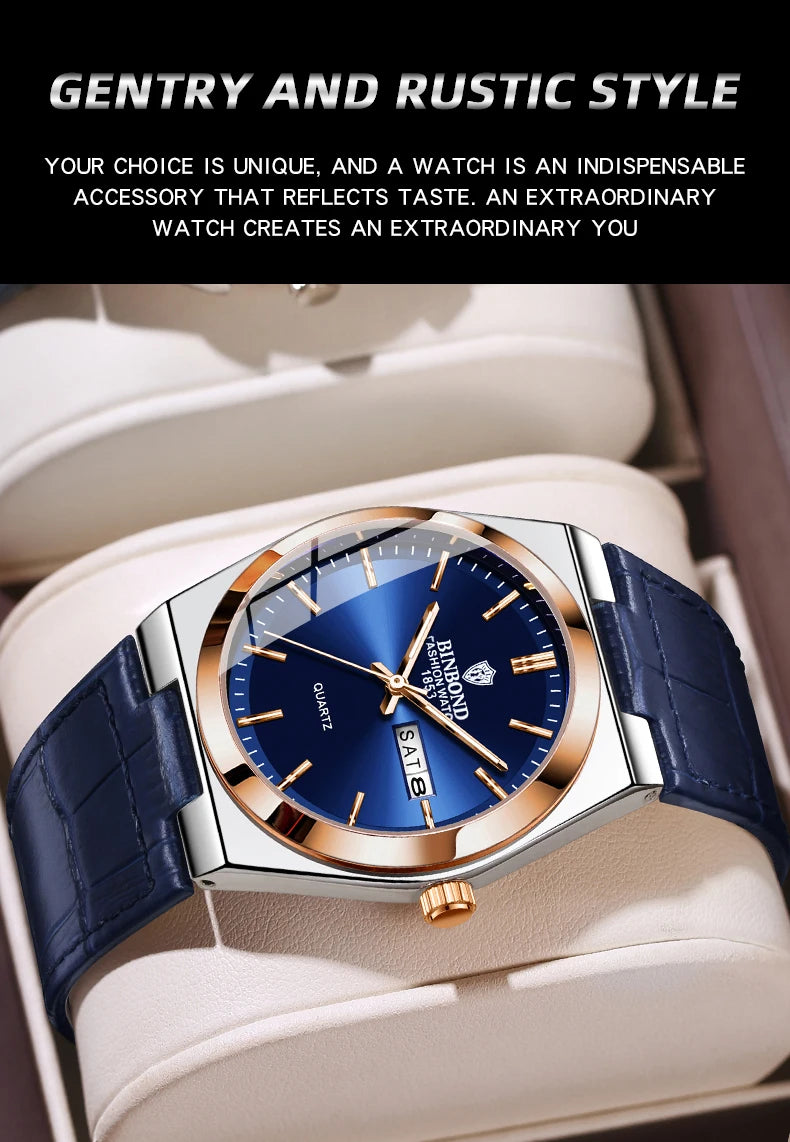 BINBOND New Authentic Youth Men's Quartz Watchwith Fashion Leather Strap Waterproof Luminous Calendar Luxury Business Men Watch