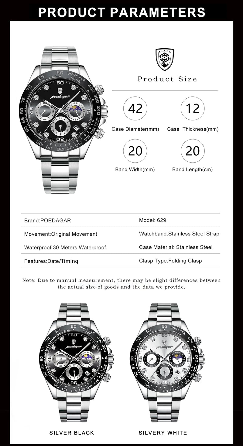 POEDAGAR Luxury Watch For Men High Quality Luminous Waterproof Chronograph Men's Watch Stainless Steel Men Quartz Watches Reloj