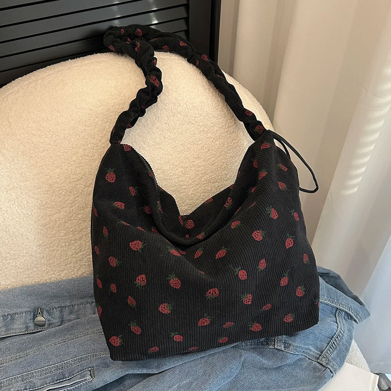 Women Cute Printing Crossbody Bag with Ruched Strap Strawberry Pattern Satchel Bag Large Capacity Female Travel Casual Bag