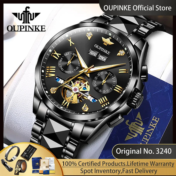 OUPINKE 3240 Automatic Watches Men 44mm Large Dial Tungsten Steel Strap Skeleton Flywheel Mechanical Watch for Men Luxury Watch
