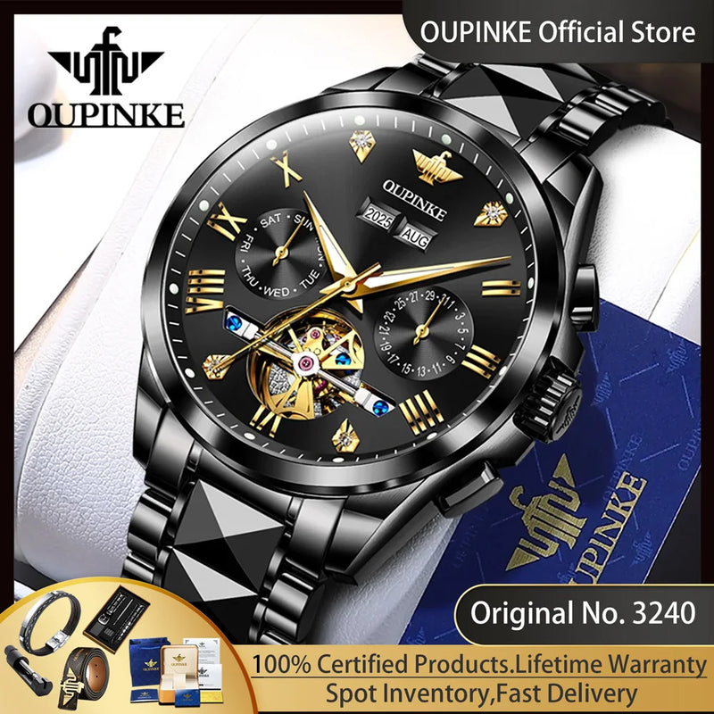 OUPINKE 3240 Automatic Watches Men 44mm Large Dial Tungsten Steel Strap Skeleton Flywheel Mechanical Watch for Men Luxury Watch