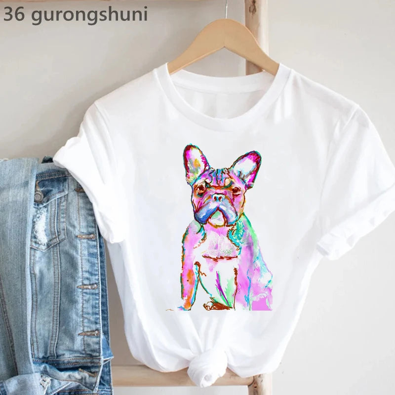 Frenchies In Love Animal Print T-Shirt Women'S Clothing French Bulldog Tshirt Femme Harajuku Kawaii Clothes Dog Lover T Shirt