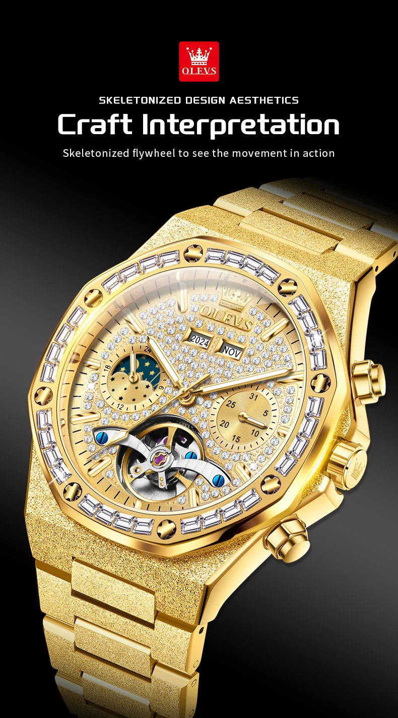 OLEVS 9805 High end Men Watches  Waterproof Moon Phase Diamond Dial Fashion Luxury Mechanical Watch Skeleton Original Wristwatch