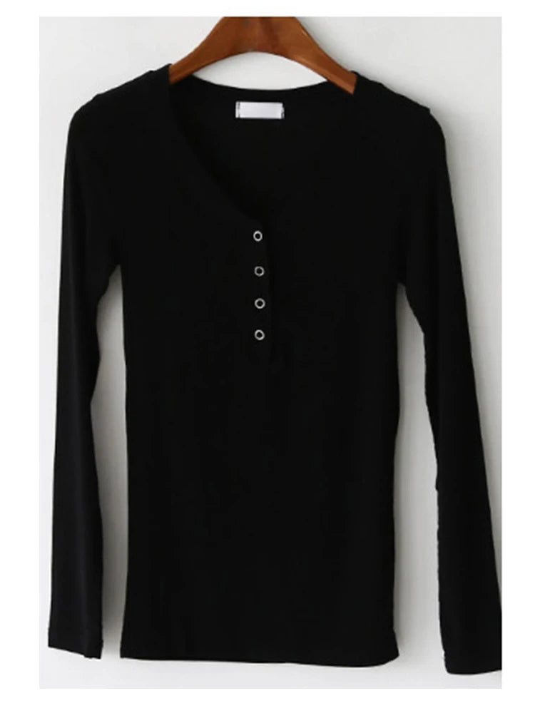 2025 Women Summer Cotton Elastic Basic T-Shirt Korean Casual V-Neck Short Sleeves Tshirt Female Slim High Quality Plain Tops