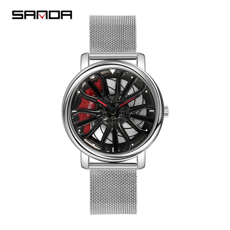 Hot Sell Fashion Men Quartz WristWatch Creative 360 Degree Rotating Car Wheel Quartz Watch Leather Waterproof Rim Hub Clock Men