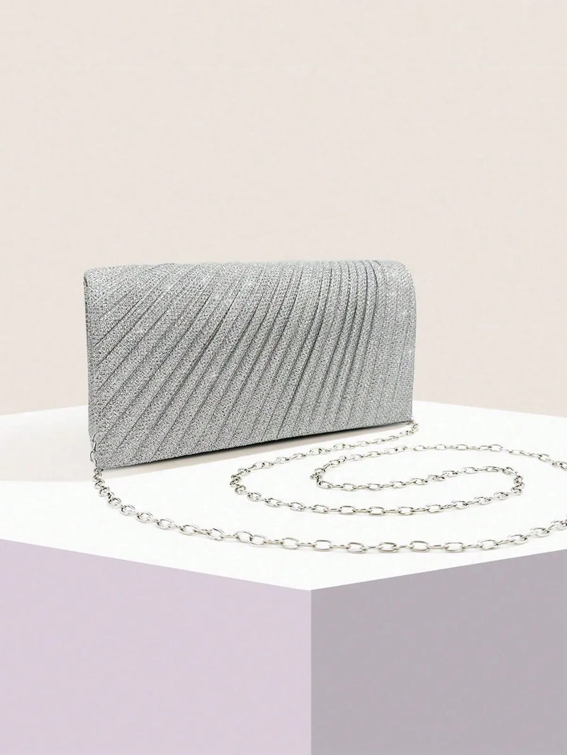 Women Fold Glitter Handbag Shiny Envelope Evening Bag Ladies Pleated Silver Clutch Chain Wedding Party Mini Long Purse XA12ZD