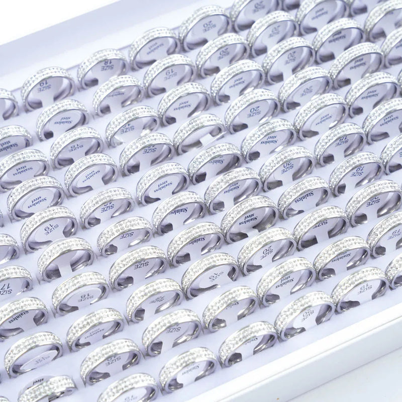 10Pcs/Lot Fashion Classic Rhinestone Stainless Steel Rings For Women Simple Shiny Colorful Finger Jewelry Wedding Party Gifts