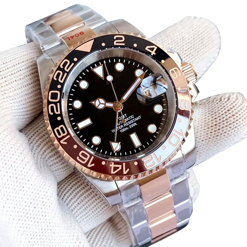 Gold Tow Tone NH34A GMT Movement Diving Watch for Men Automatic Watches Mechanical Swim Jubilee Bracelet 200m Waterproof Date