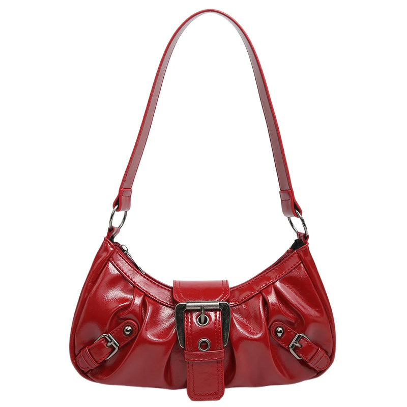 Women's Pleated Hobo Red Shoulder Bag for Women PU Leather Clutch Handbag Purse Y2K Bag for Girls Chic Travel Commuter Bag