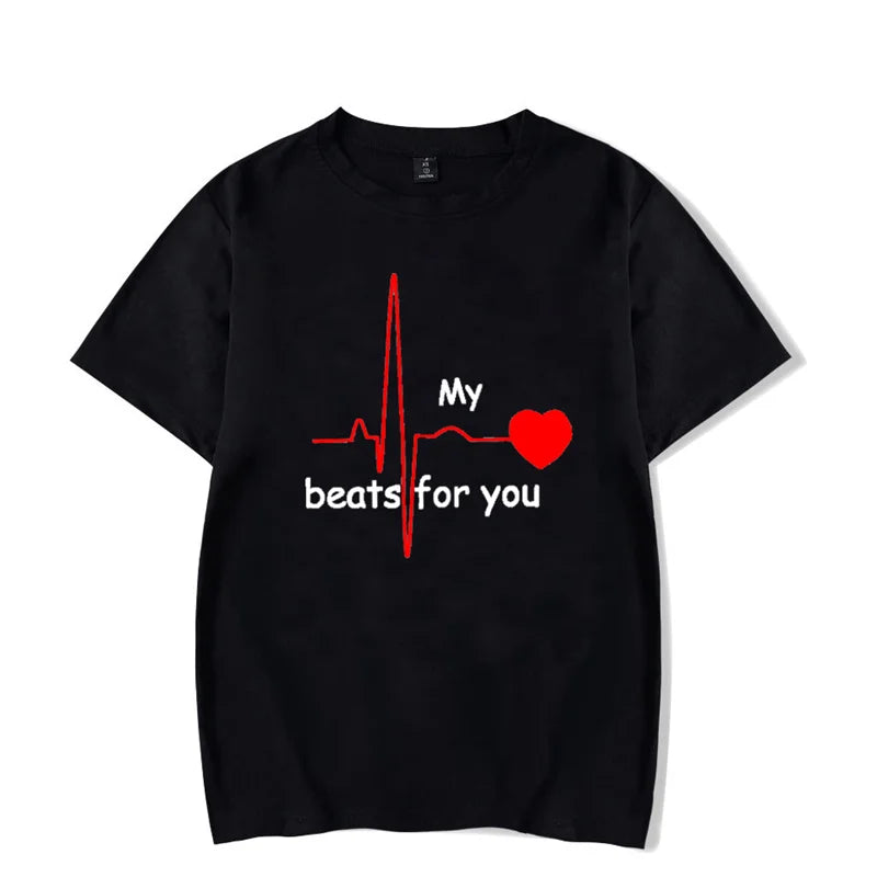 Summer Couple Heart Beats for You Print T Shirt Causal Women Man Tee Shirt Couples T Shirts O Neck Tops Harajuku Lovers Clothing