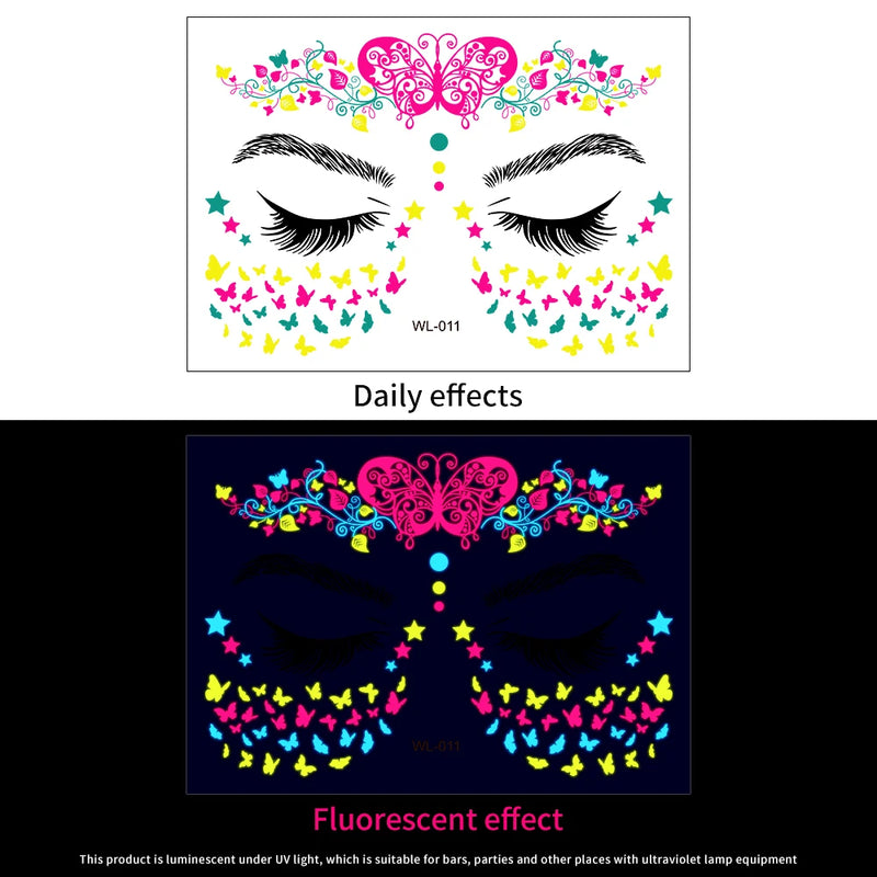 1Pc UV Neon Butterfly Flower Face Tattoo Stickers 14*15cm Waterproof Fluorescent Body Sticker for Club Party Makeup Face Sticker