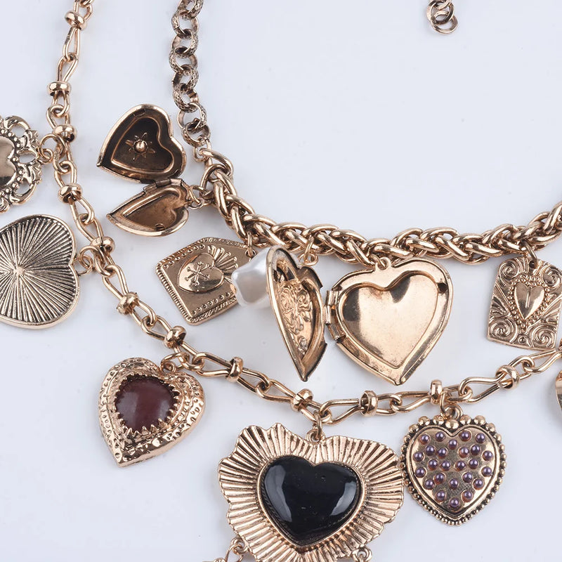 2025 New Vintage Punk Charm Hearts Necklaces Pendants Women Indian Statement Retro Metal Chain Links Necklace Jewelry